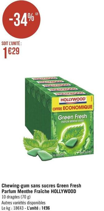 Hollywood chewing-gum sans sucres green fresh parfum menthe fraîche