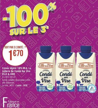 Elle & vire crème légère 18% m.g. la laiterie de condé sur vire