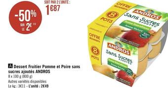 Géant Casino Andros dessert fruitier pomme et poire sans sucres ajoutés offre