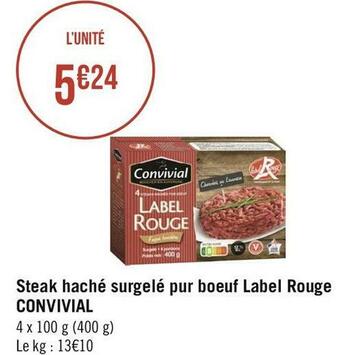 Convivial steak haché surgelé pur boeuf label rouge