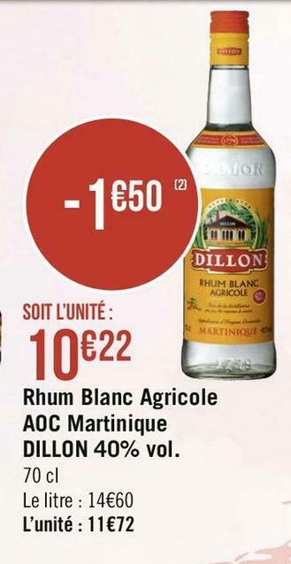Arthur dillon rhum blanc agricole aoc martinique 40% vol.