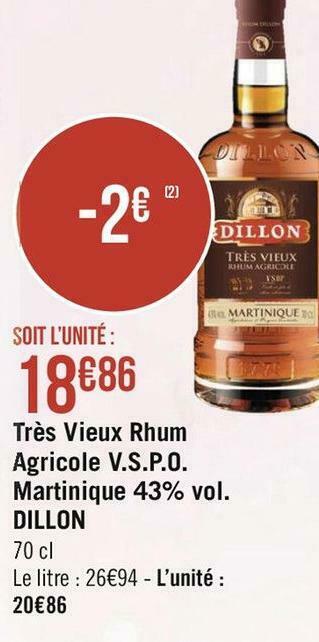 Dillon très vieux rhum agricole v.s.p.o. martinique 43% vol.