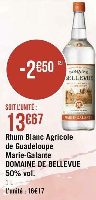 Domaine de bellevue rhum blanc agricole de guadeloupe marie-galante 50% vol.