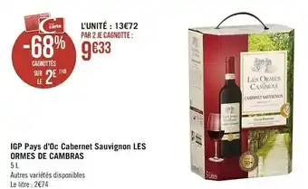 Géant Casino Les ormes de cambras igp pays d’oc cabernet sauvignon offre
