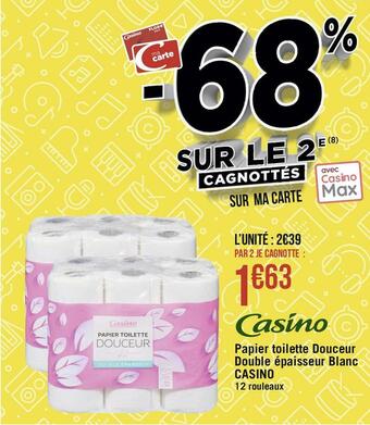 Casino papier toilette douceur double épaisseur blanc