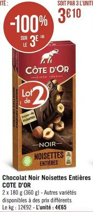 Géant Casino Côte d’or chocolat noir noisettes entières offre