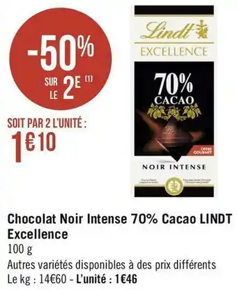 Géant Casino Lindt chocolat noir intense 70% cacao excellence offre