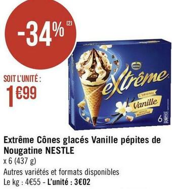 Géant Casino Nestle extrême cônes glacés vanille pépites de nougatine offre