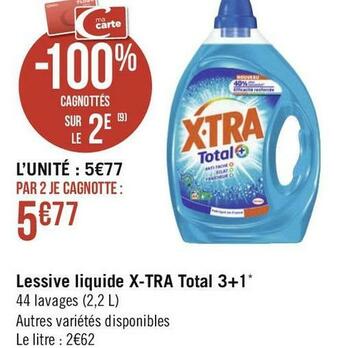 Géant Casino X-tra lessive liquide total 3+1* 44 lavages (2,2 l) offre