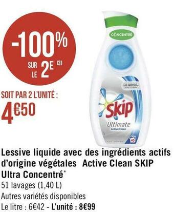 Skip lessive liquide avec des ingrédients actifs d’origine végétales active clean ultra concentré*