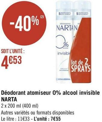 Géant Casino Narta déodorant atomiseur 0% alcool invisible offre