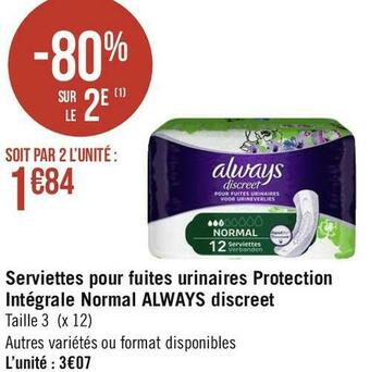 Always serviettes pour fuites urinaires protection intégrale normal discreet