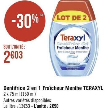 Teraxyl dentifrice 2 en 1 fraîcheur menthe
