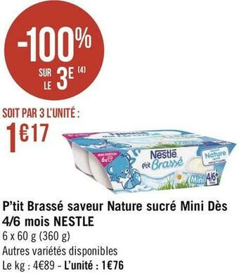 Nestle p’tit brassé saveur nature sucré mini dès 4/6 mois