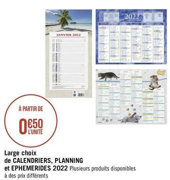 Large choix de calendriers, planning et ephemerides 2022