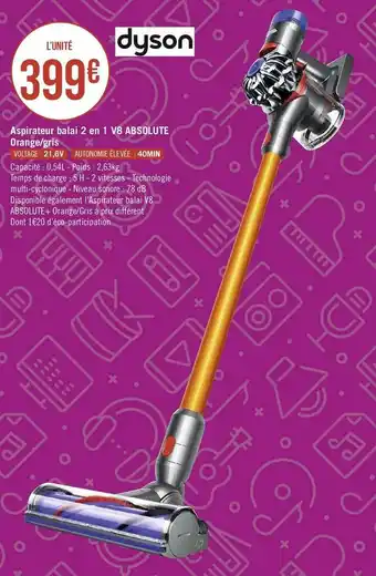 Géant Casino Dyson aspirateur balai 2 en 1 v8 absolute orange/gris offre