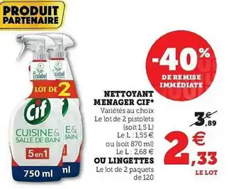 Super U Nettoyant Ménager Cif Ou Lingettes offre