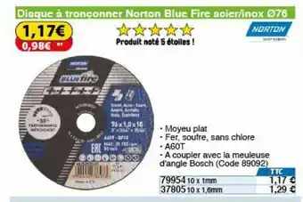 Disque à tronçonner norton blue fire acier/inox 078