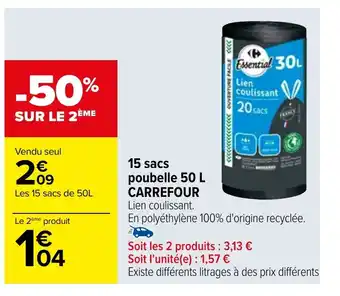 Carrefour 15 sacs poubelle 50 L CARREFOUR offre