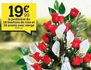 Centrakor La jardinière de 18 boutons de rose et 10 arums avec vierge offre