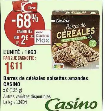 Casino Supermarchés Barres De Céréales Noisettes Amandes Casino offre