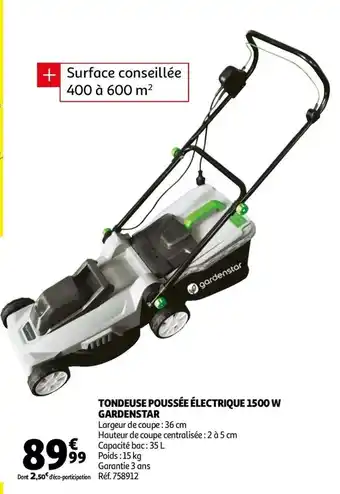 Auchan Tondeuse poussée électrique 1500 w gardenstar offre