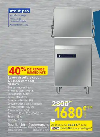 METRO Lave-vaisselle à capot NE1000 compact SILANOSS offre