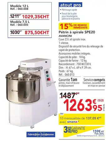 METRO Pétrin à spirale SPE20 offre