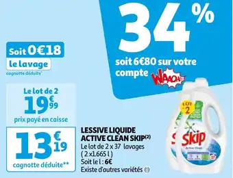 Auchan LESSIVE LIQUIDE ACTIVE CLEAN SKIP(²) offre