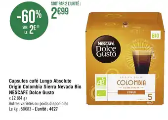 Géant Casino NESCAFE Capsules café Lungo Absolute Origin Colombia Sierra Nevada Bio Dolce Gusto offre