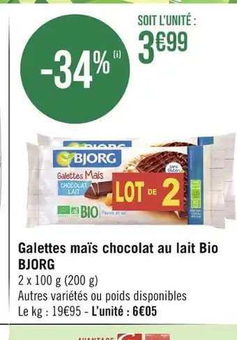Géant Casino BJORG Galettes maïs chocolat au lait Bio offre