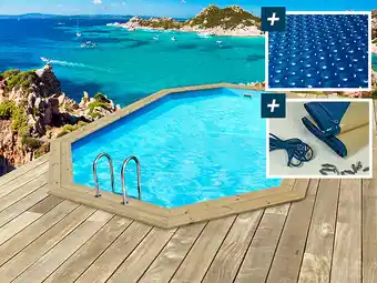 Brico Cash Piscine bois Cancun - 6.53 x 4.41 x 1.45 m + Bâche à bulles 180 µ - Bâche hiver 280 g/m² offre