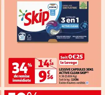 Auchan LESSIVE CAPSULES 3EN1 ACTIVE CLEAN SKIP offre