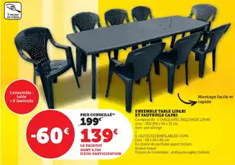 Hyper U ENSEMBLE TABLE LIPARI ET FAUTEUILS CAPRI offre