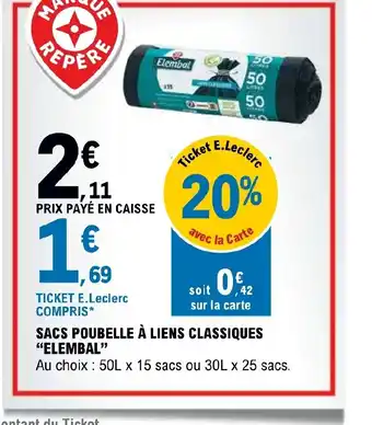 E.Leclerc SACS POUBELLE À LIENS CLASSIQUES ELEMBAL" offre