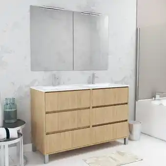 Bricorama Meuble Salle de Bains 120 cm Chêne Clair 6 Tiroirs, Vasque, Miroirs 60x80 et Réglettes Led - XENOS offre