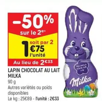 Leader Price LAPIN CHOCOLAT AU LAIT MILKA offre