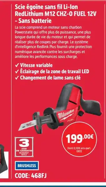Screwfix Scie égoïne sans fil Li-Ion RedLithium M12 CHZ-O FUEL 12V - Sans batterie offre