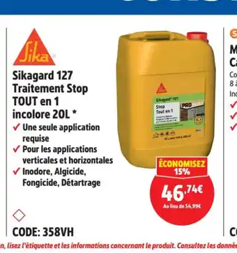 Screwfix Sikagard 127 Traitement Stop TOUT en 1 incolore 20L offre