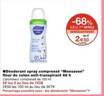 Monoprix Monsavon ●Déodorant spray compressé fleur de coton anti-transpirant 48 h offre