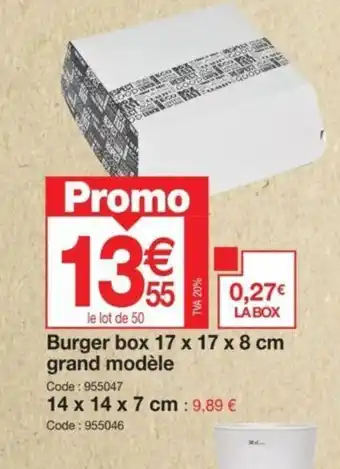 Promocash Burger box 17 x 17 x 8 cm grand modèle offre