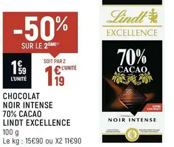 Spar Lindt chocolat noir intense 70% cacao excellence offre