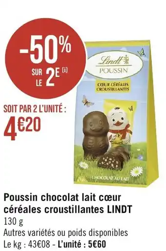Casino Supermarchés Poussin chocolat lait cœur céréales croustillantes LINDT 130 g offre