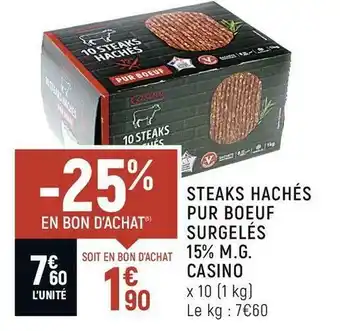 Casino steaks hachés pur boeuf surgelés 15% m.g.