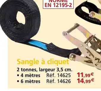 Sangle à cliquet 2 tonnes, largeur 3,5 cm.