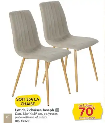 Gifi Lot de 2 chaises Joseph Dim. 55x44x89 cm, polyester, polyuréthane et métal Réf. 604291 offre