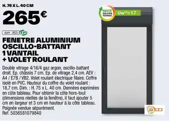 Brico Dépôt FENETRE ALUMINIUM OSCILLO-BATTANT 1 VANTAIL + VOLET ROULANT offre