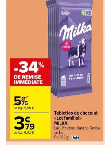 Carrefour Market Tablettes de chocolat Lot familial MILKA offre