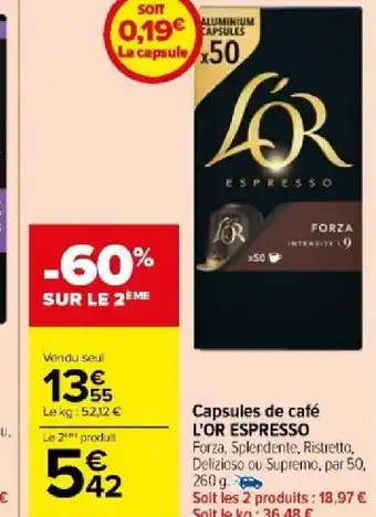Carrefour Market Capsules de café L'OR ESPRESSO offre