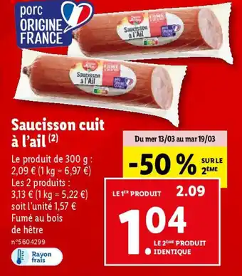 Lidl Saucisson cuit à l'ail (²) offre